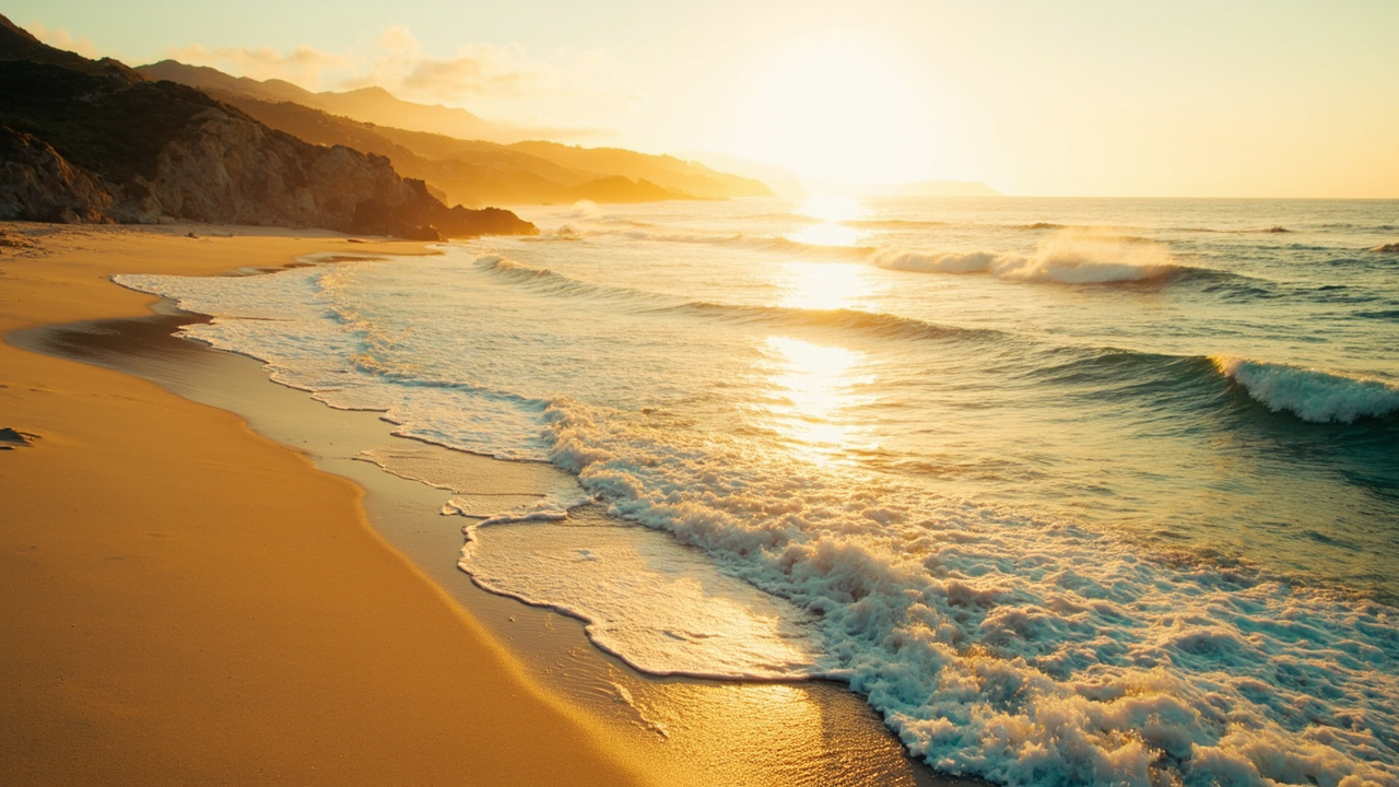 The Malibu coastline at golden hour, sunlight glinting on the Pacific Ocean